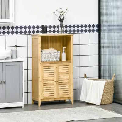 HOMCOM Armário Auxiliar Casa de Banho de Bambu com 2 Portas Compartimento Aberto e Prateleira Ajustável 50x25,5x92 cm Madeira