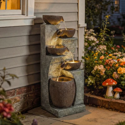 Outsunny 5-Tier Garden Fountain LED Lights Grey Brown