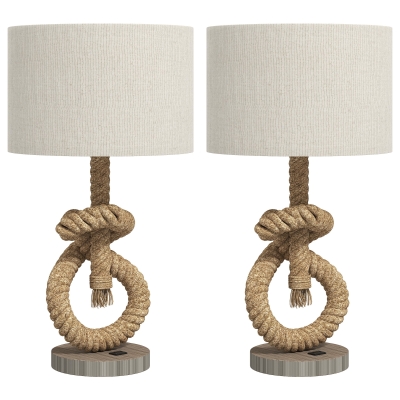 HOMCOM Nautical Table Lamps USB Hemp Rope Natural Set of 2