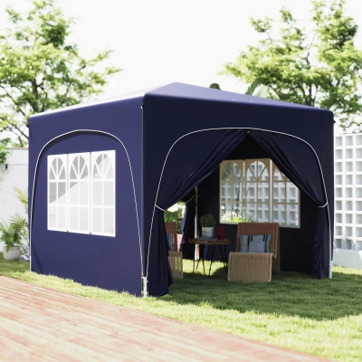Outsunny Tenda Dobrável 3x3 m com Painéis Laterais UPF50+ Tenda de Jardim com Altura Ajustável e Bolsa de Transporte Azul Escuro