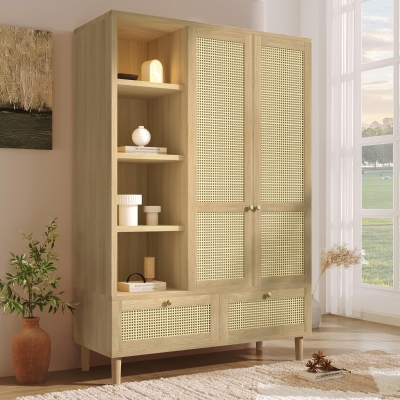 Rustic Oak Rattan Wardrobe with Clothes Rail and 2 Drawers, 120L x 50W x 180H cm, Oak