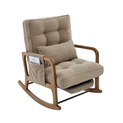 Cozy Rocking Chair with Adjustable Footrest and Side Pocket, 92L x 80W x 70H cm, Khaki