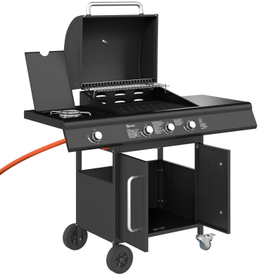 Outsunny Fahrbarer Gasgrill mit Stauraum, Seitentisch, Seitenbrenner, Warmhalterost, Thermometer, Edelstahl, Schwarz