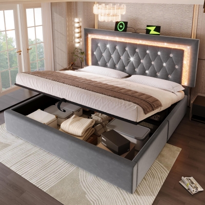 Smart Double Bed with Height-Adjustable Headboard, 204L x 145W x 108H cm, Grey