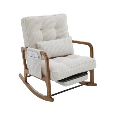 Cozy Rocking Chair with Adjustable Footrest and Side Pocket, 92L x 80W x 70H cm, Beige