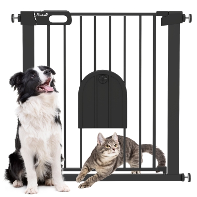 PawHut Dog Gate with Cat Flap Black 75-82 cm Auto Close