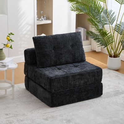 Cozy Convertible Floor Sofa Bed with Button-Tufted Detailing, 180L x 79W x 57H cm, Black