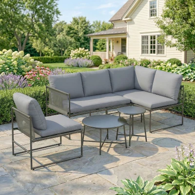 Outsunny Salon Jardin 4-5p Canapé 2 Places Table Fauteuil Coussins
