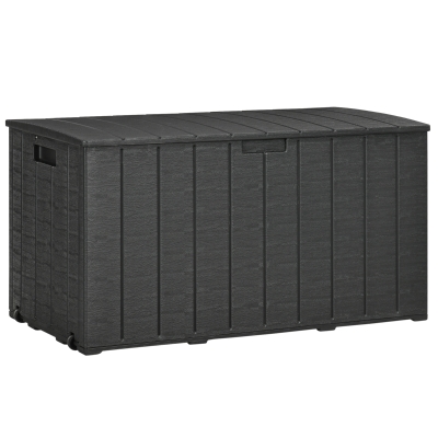 Outsunny Gartenbox 366 Liter aus Kunststoff doppelwandiger Wasserdicht Kissenbox mit Rollen Griffmulden Holzoptik
