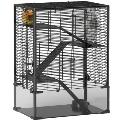PawHut Four-Tier Hamster Cage with Deep Tempered Glass Bottom, Hut, Running Wheel, Food Dish, Water Bottle, 60 x 40 x 80cm