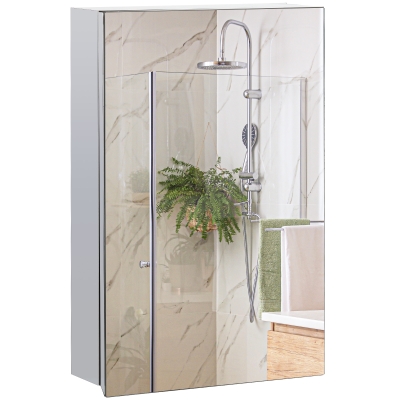 kleankin Armário de Casa de Banho com Espelho Armário de Parede para Casa de Banho com Porta e 3 Prateleiras de Armazenamento para Duche 39x12x60cm Prata