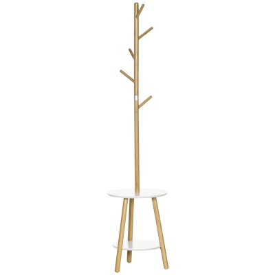 HOMCOM Garderobenständer mit Beistelltisch im Skandi-Design, 5 Kleiderhaken, 39, 5 cm x 39,5 cm x 171 cm, Natur + Weiß
