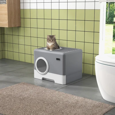PawHut Caixa de Areia para Gatos com Pá Bandeja Removível 2 Portas Entrada Frontal e Saída Superior 52x41x38,5 cm Cinzento