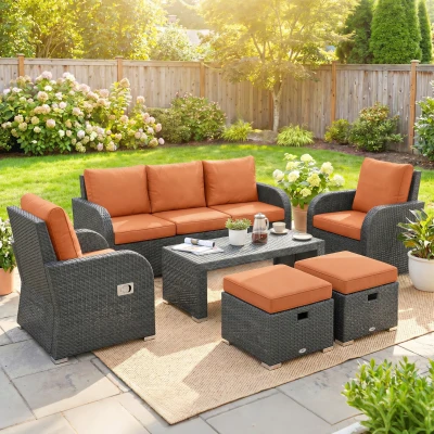Outsunny Outdoor Rattan Dining Set with Reclining Armchairs Orange