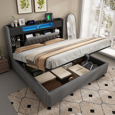 Practical Double Bed with Hydraulic Storage, 223L x 158W x 115H cm, Grey