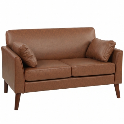 HOMCOM 2-Seater Modern Sofa Wood Legs Pillows Brown 132cm
