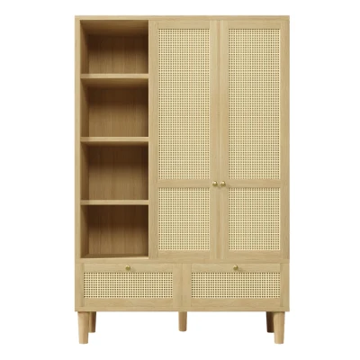 Rustic Oak Rattan Wardrobe with Clothes Rail and 2 Drawers, 120L x 50W x 180H cm, Oak