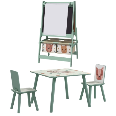 ZONEKIZ Kids Table & Chair Set with Easel & Storage Green