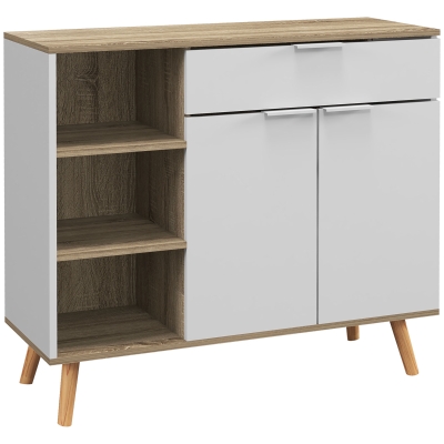 HOMCOM Aparador de Cocina con 1 Cajón 2 Puertas de Cierre Suave y Estantes Ajustables para Comedor 95x35x85 cm Blanco y Natural
