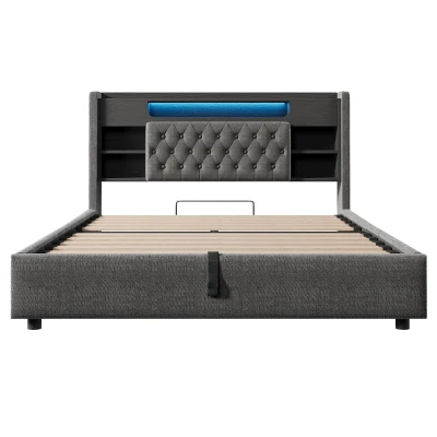 Practical Double Bed with Hydraulic Storage, 223L x 158W x 115H cm, Grey