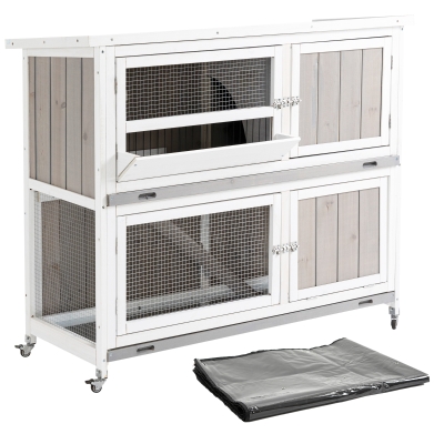 PawHut Wooden Rabbit Hutch with Wheels & Rain Cover Grey 122x50x100cm