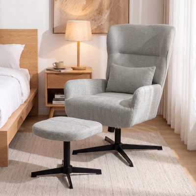 HOMCOM Fotoliu lounge rotativ 360° cu taburet, reglabil pe înălțime, tapițerie chenille, cu pernă lombară, crem-alb