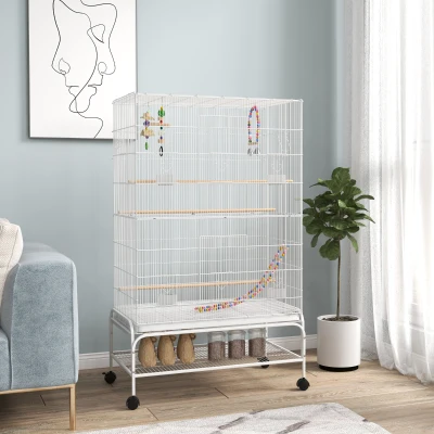 PawHut Cage à Oiseaux sur Pieds Blanc 79x49x133cm avec Roulettes