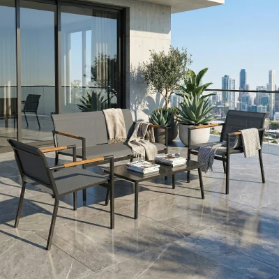 Outsunny 4-Seater Metal Garden Sofa Set with Table Grey