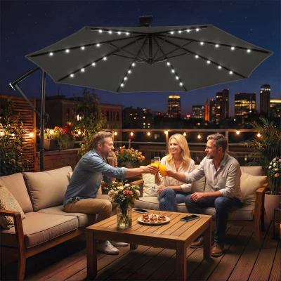 Outsunny Ampelschirm LED Solar ca. Ø300 cm Drehbar Sonnenschirm mit Kurbel Ständer Schutzhülle Dunkelgrau