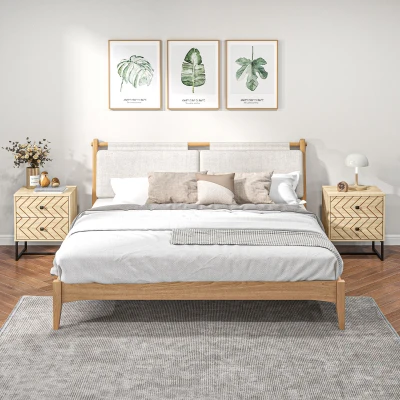HOMCOM Nightstand Set of 2 Zig Zag Design Natural