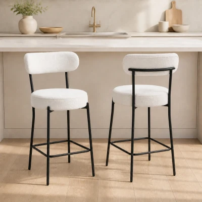 HOMCOM Lot de 2 Tabourets Bar Tissu Bouclette Dossier Courbé Crème