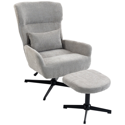HOMCOM Fotoliu lounge rotativ 360° cu taburet, reglabil pe înălțime, tapițerie chenille, cu pernă lombară, crem-alb