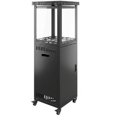 Outsunny Estufa de Gas para Terraza 13 kW con Encendido Piezoeléctrico Antivuelco 4 Ruedas Vidrio Templado Piedras de Lava Negro