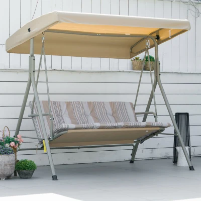 Outsunny Balancín de Jardín Exterior Columpio de 3 Plazas con Toldo Ajustable y Marco de Acero 172x110x156 cm Marrón Claro
