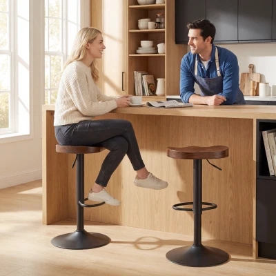 HOMCOM Barhocker Set aus 2, Höhenverstellbare Barstühle mit Sattelsitz aus Ulmenholz in Dunkelbraun