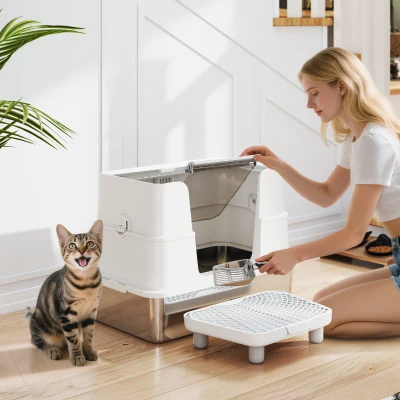 PawHut Bac à Litière XL Acier Inox Grand Chat Pivotant Gris 60cm