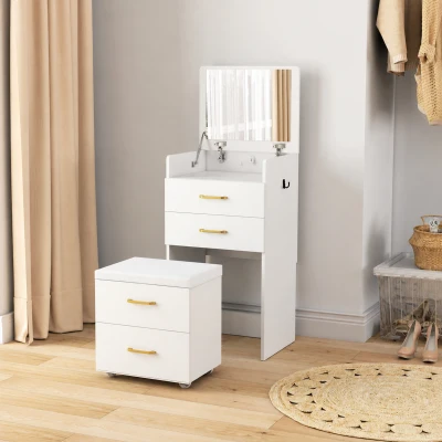 HOMCOM Coiffeuse 3 Tiroirs avec Miroir et Tabouret Blanc