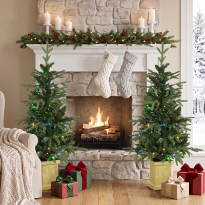 HOMCOM 2pc Prelit Aspen Fir Trees 4ft LED Battery Pot Green