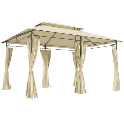 Outsunny Cenador de Jardín de 4x3 m con Doble Techo Paredes Laterales Resistente al Agua para Exterior Terraza Beige