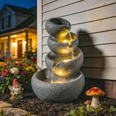 Outsunny 4-Tier Resin Water Fountain with LED Lights Patio