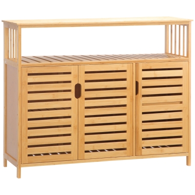 HOMCOM Aparador para Salón de Bambú con 3 Puertas Ranuradas Estantes para Comedor Cocina Entrada Natural 100x35x82 cm