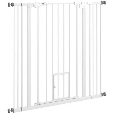 PawHut Extra Tall Indoor Dog Gate with Cat Flap, White 74-101cm
