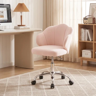 HOMCOM Silla de Oficina Forma de Pétalo con Ruedas de Terciopelo Función Basculante Asiento Ancho Altura Ajustable Rosa