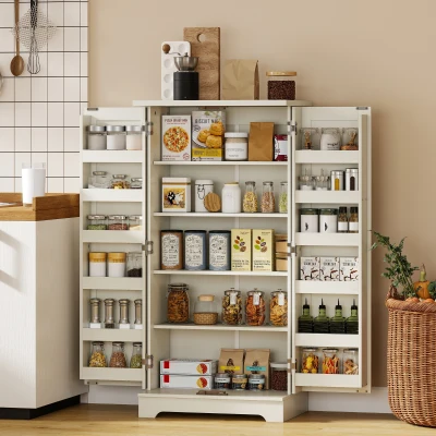 HOMCOM Credenza Cucina, Mobile Dispensa Rustico con 12 Portaspezie Crema