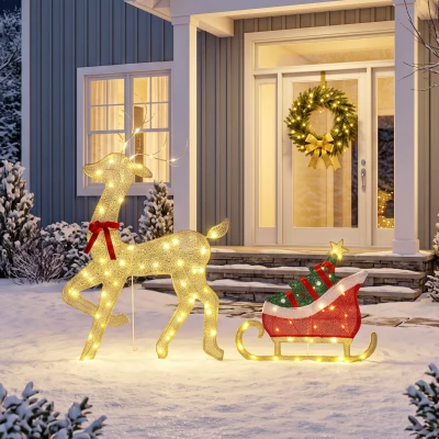 Outsunny Renne Noël Lumineux Traîneau 95 LED 8 Modes Minuterie Or