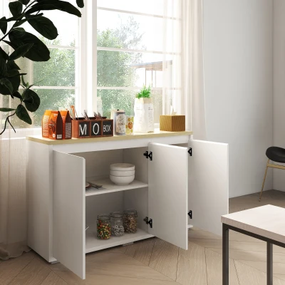 HOMCOM Aparador de Sala de Estar Armário de Armazenamento com 3 Portas e Prateleiras Ajustáveis 120x37x75 cm Branco e Madeira