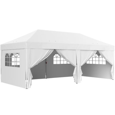 Outsunny Carpa Plegable 6x3 m Gazebo con 6 Paredes Laterales Impermeable Anti-UV y Bolsa de Transporte para Camping Fiesta Blanco