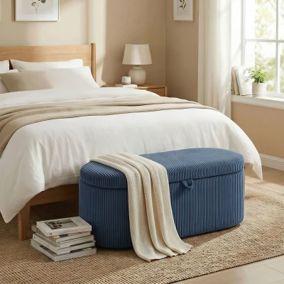 HOMCOM Corduroy Storage Ottoman with Padded Seat Blue