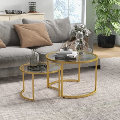 HOMCOM Tables Basses Rondes Verre Trempé Pied Acier Doré