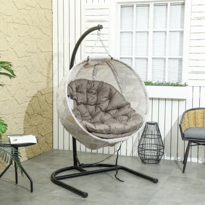 Outsunny Silla Colgante con Soporte Cesta Plegable de Malla Doble Cojín para Interior y Exterior Carga 120 kg Arena y Negro